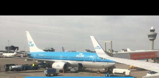 Window view of Amsterdam Schiphol airport, the Netherlands